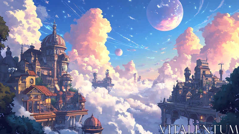 Skyborne twin cities drifting among cotton nebulae.