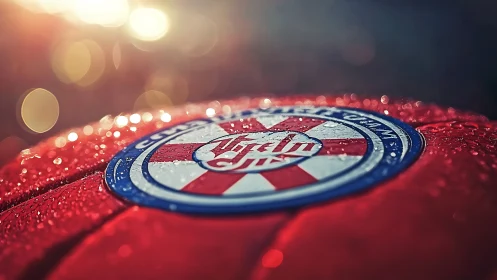 Macro optical study of wet red sports emblem under bokeh light.