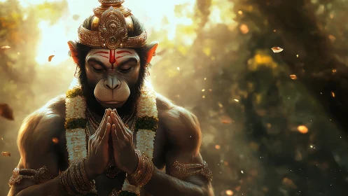 Divine simian warrior in golden forest light, hands in prayer.