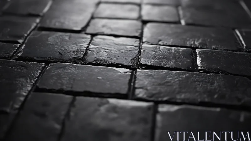 Wet basalt cobblestone pavement under shallow depth of field