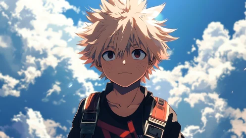 Skybound freckled hero boy under restless summer clouds.