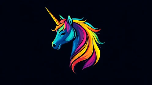 Neon gradient unicorn head glows over deep black background