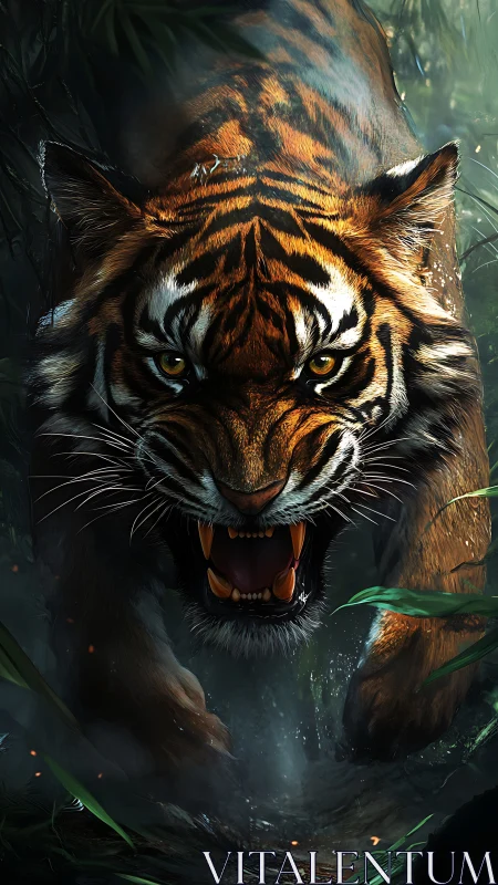 Roaring tiger lunges through dense jungle undergrowth