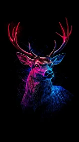 Neon-lit stag portrait in dual-tone cyber glow on black.
