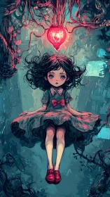 Dark forest girl drifts beneath a glowing heart artifact.