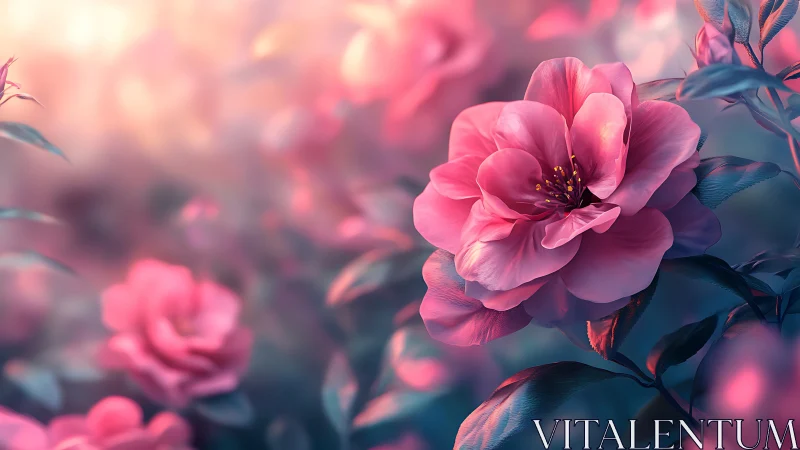 Pink Camellia Flowers in Soft Focus Garden.