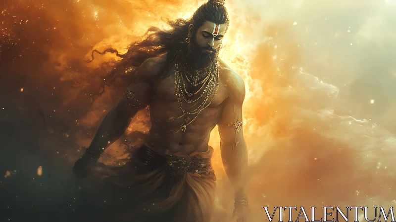 Storm-lit ascetic strides through molten clouds of divinity