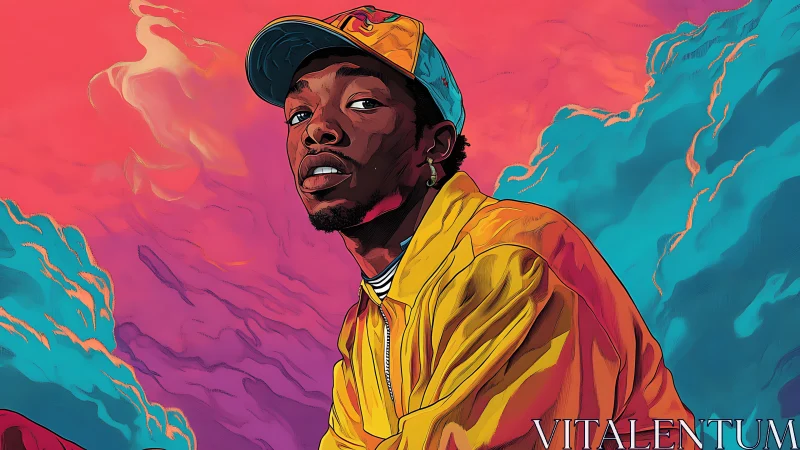 Colorful portrait celebrates bold style in a dreamy sky scene