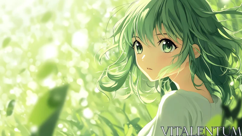 Green-haired anime girl gazes back amid luminous foliage field