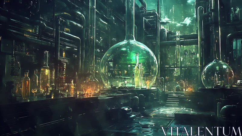 Futuristic alchemy lab glows within towering glass reactors.