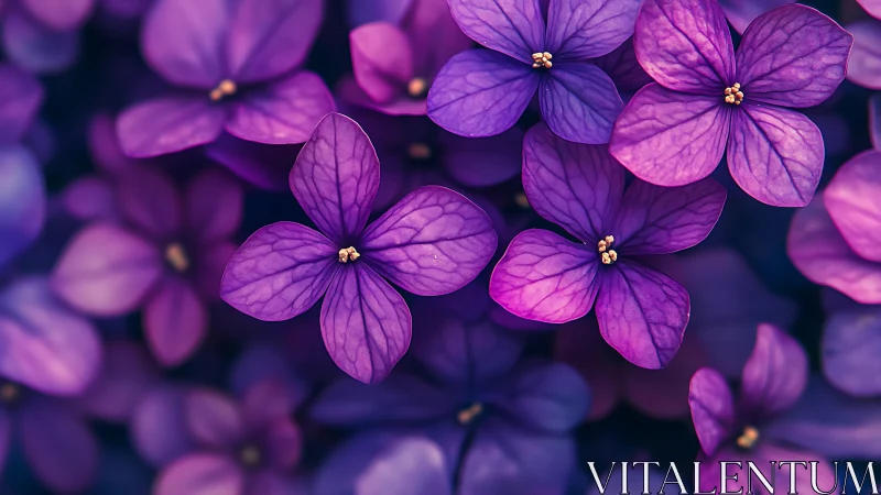 Vibrant Purple Petals: Macro Botanical Study of Four-Lobed Flower Clusters.