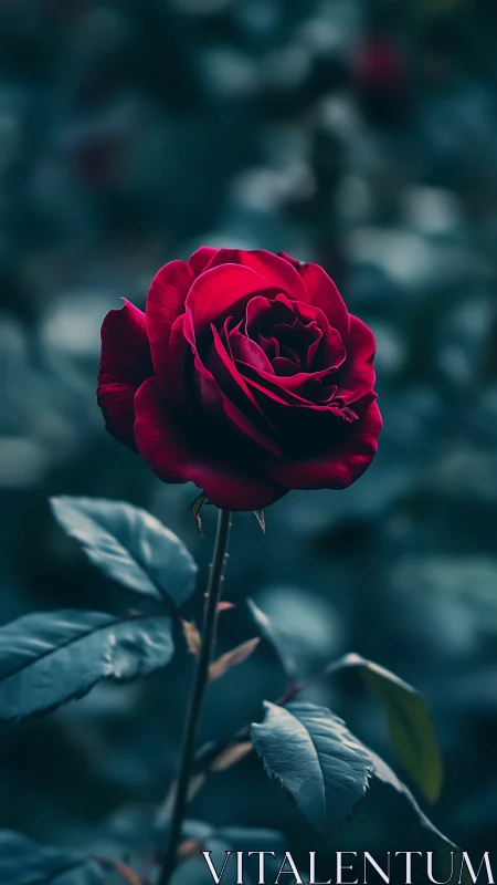 Deep Crimson Rose with Blurred Garden Backdrop.