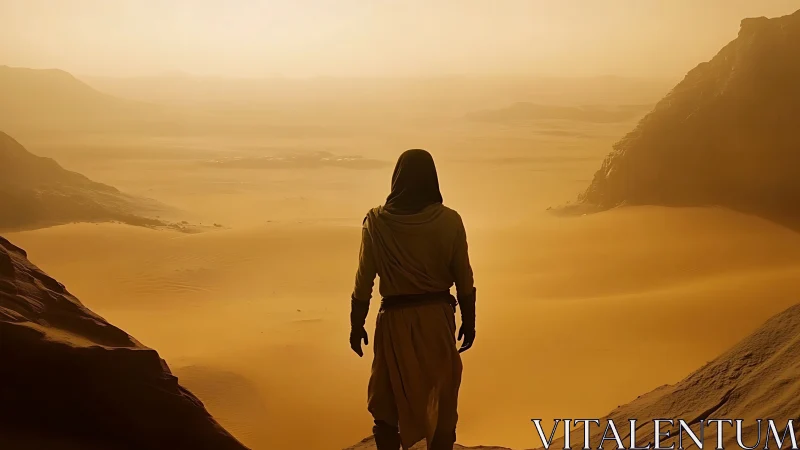 Backlit robed figure surveys high-contrast dune basin under haze