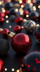 Glistening red ornaments basking in cozy holiday lights.