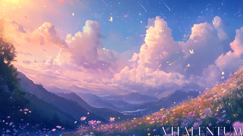 Sunlit mountain valley under glowing clouds and flower field