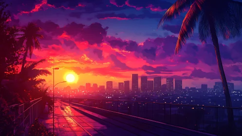 Neon sunset boulevard over a dreaming city skyline.