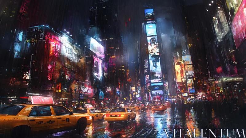 Neon taxis drift through rain-soaked midnight city canyons.