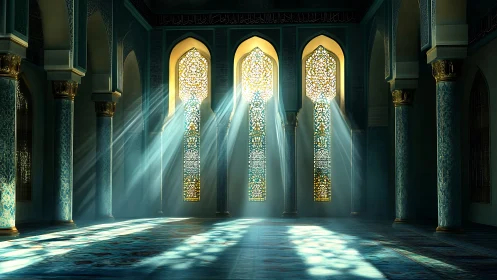 Golden sunlight pours into a tranquil blue-tiled hall.