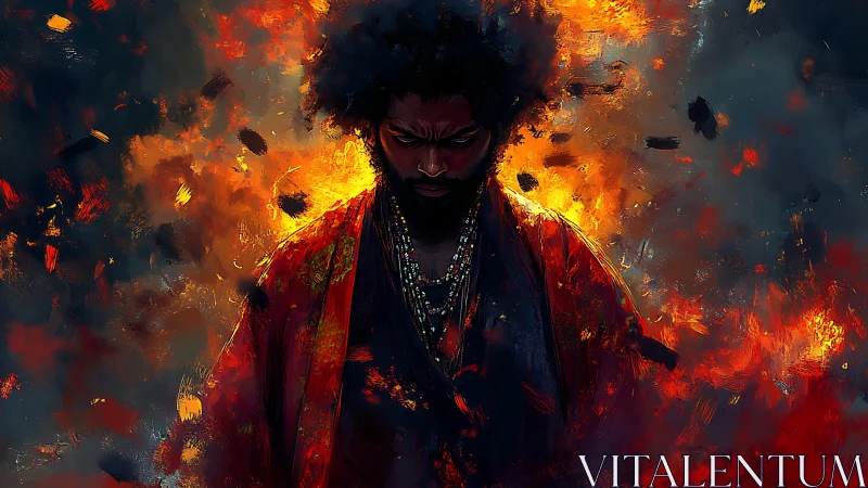 Stoic robed figure framed by abstract fire and smoke.