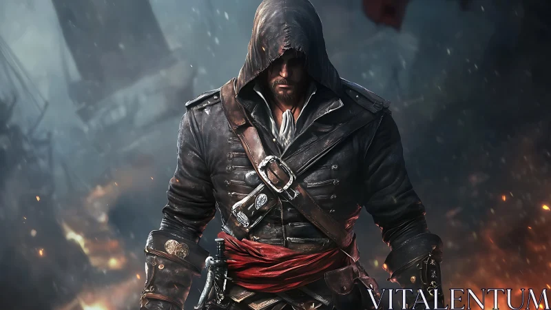 Hooded rogue strides through burning ruins with grim resolve