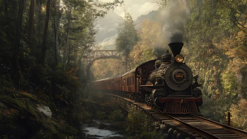 Steam locomotive crossing forest gorge in golden light.