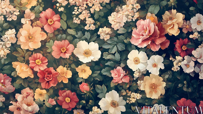 Dense floral arrangement with layered petals, varied bloom stages