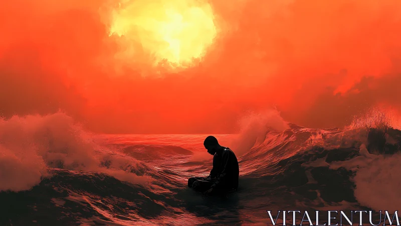 Solitary figure seated on dark ocean under fiery sky.