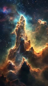 Starlit nebula spires rise like cosmic mountains of fire