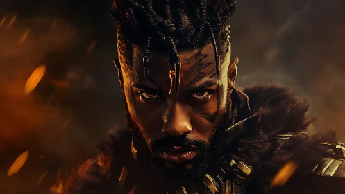 Cinematic warrior portrait with dramatic rim lighting and embers