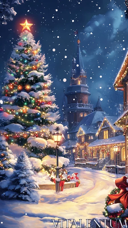 Snowy town square with lit Christmas tree at night.