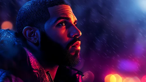 Neon rain crowns a contemplative profile in glowing dusk