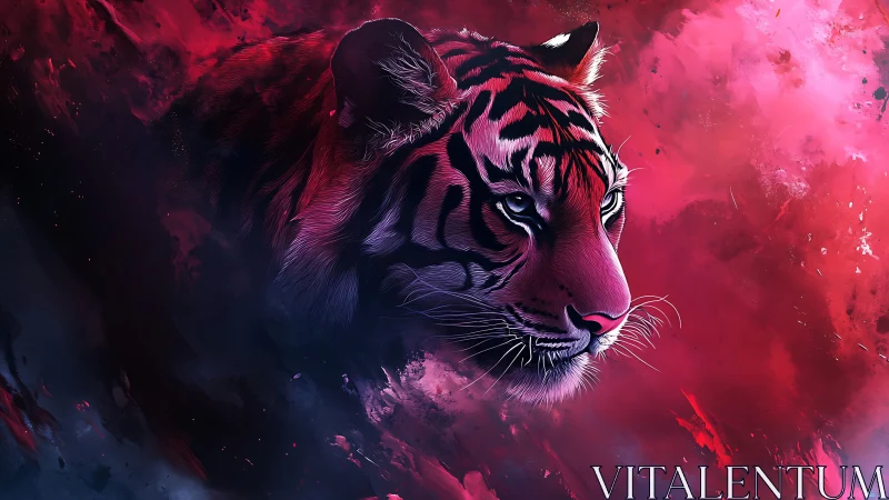 Neon tiger portrait emerges through radiant crimson haze