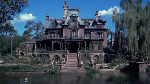 Victorian mansion with ornate ironwork stands beside calm pond