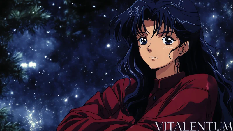 Starry night anime portrait with deep blue contrast lighting.