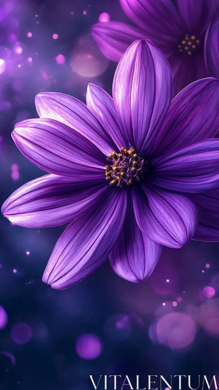Luminescent Purple Cosmos Flower with Golden Stamen Detail.