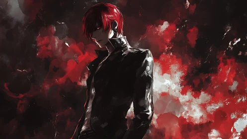 Red-haired antihero stands against swirling crimson chaos.