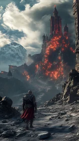 Warrior approaches lava fortress in bleak volcanic land.