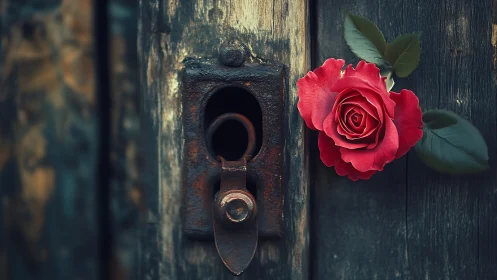 Macro study of rusted lock hardware and high-saturation red rose