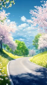 Curved mountain road passes through spring cherry blossom valley