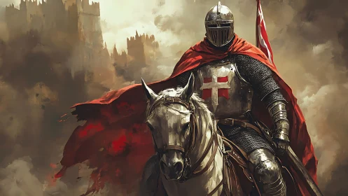 Ironclad crusader rides through storm-smudged castle skies