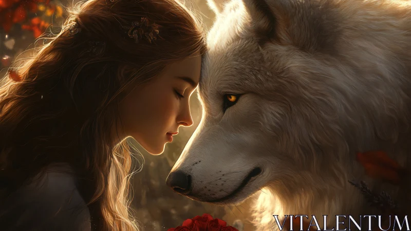 Woman and white wolf touch foreheads in soft backlighting
