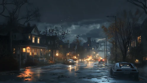 Stormy suburban street with retro sports car at night.