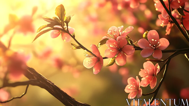 Sunlit cherry blossoms glow softly in warm golden air.