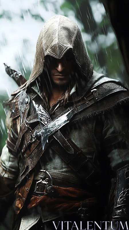 Hooded rain‑soaked rogue with tactical leather harness system.