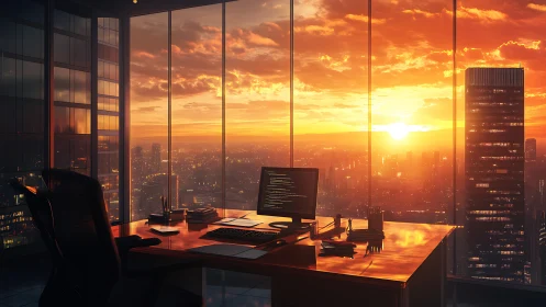Sunlit city office where quiet code meets glowing sunset.