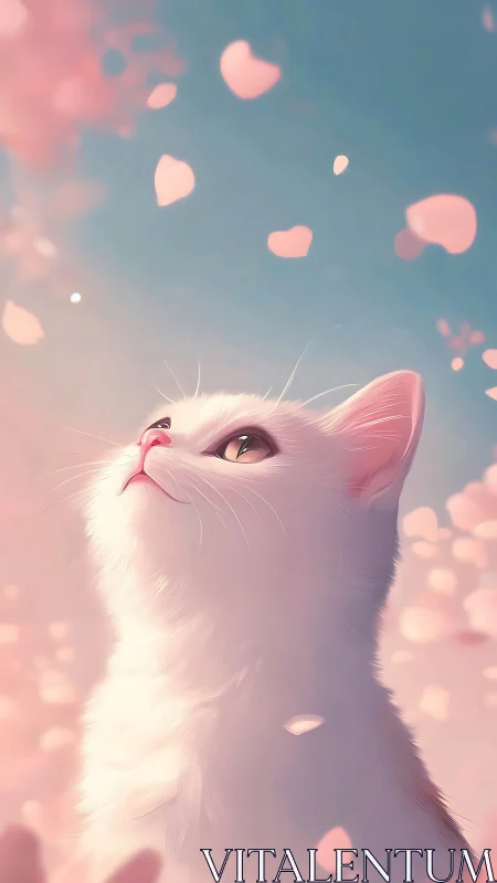 White Cat Gazing Upward in Pink Cloud Environment