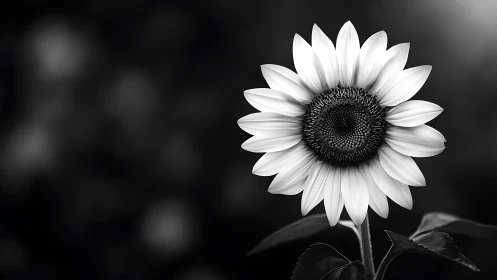 Monochrome sunflower specimen is isolated against dark background