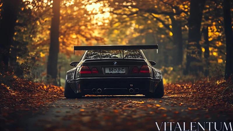 Rear view modified BMW coupe on forest road in autumn light.