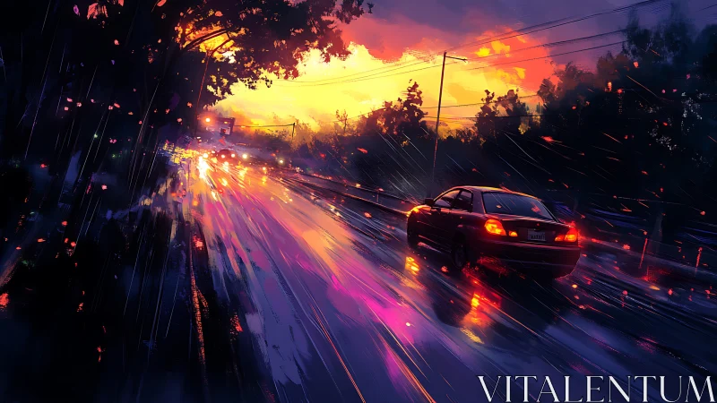 Rain-slick highway blazing with neon sunset velocity.