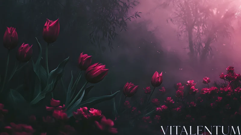 Crimson Tulips in Ethereal Mist Garden.